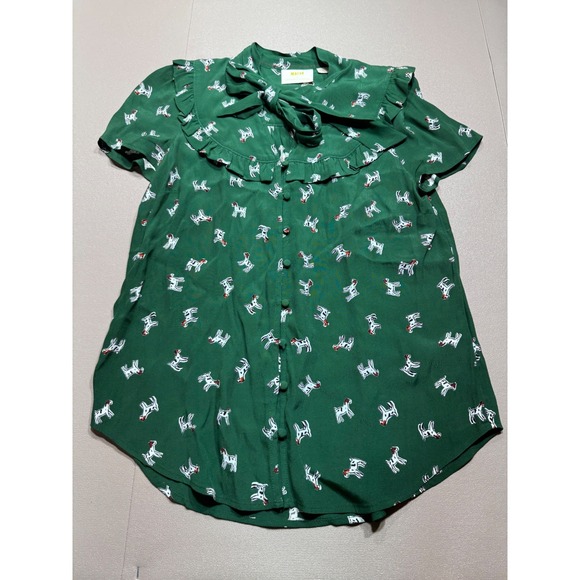 Maeve by Anthropologie Tops - Maeve Anthropologie Green Dog Print Ruffle Tie Neck Blouse XS‎ Short Sleeve Top